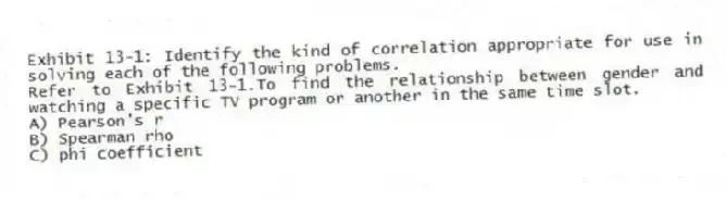 Exhibit 13-1: Identify the kind of correlation appropriate for use in solving each of the following problems.
-Refer to Exhibit 13-1.To find the relationship between gender and watching a specific TV program or another in the same time slot.
A) Pearson's r
B) Spearman rho
C) phi coefficient