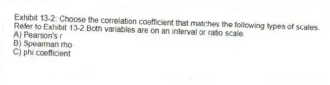 Exhibit 13-2: Choose the correlation coefficient that matches the following types of scales.
-Refer to Exhibit 13-2.Both variables are on an interval or ratio scale.
A) Pearson's r
B) Spearman rho
C) phi coefficient