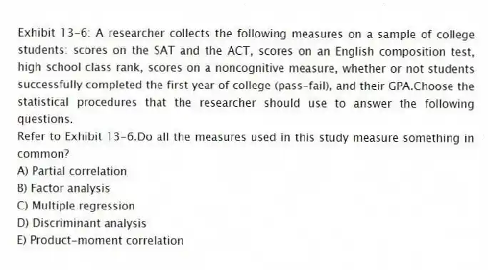 Exhibit 13-6: A researcher collects the following measures on a sample of college students: scores on the SAT and the ACT, scores on an English composition test, high school class rank, scores on a noncognitive measure, whether or not students successfully completed the first year of college (pass-fail), and their GPA.Choose the statistical procedures that the researcher should use to answer the following questions.
-Refer to Exhibit 13-6.Do all the measures used in this study measure something in common?
A) Partial correlation
B) Factor analysis
C) Multiple regression
D) Discriminant analysis
E) Product-moment correlation