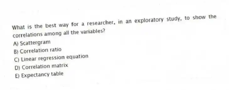 What is the best way for a researcher, in an exploratory study, to show the correlations among all the variables?
A) Scattergram
B) Correlation ratio
C) Linear regression equation
D) Correlation matrix
E) Expectancy table