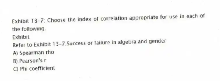 Exhibit 13-7: Choose the index of correlation appropriate for use in each of the following.
Exhibit
-Refer to Exhibit 13-7.Success or failure in algebra and gender
A) Spearman rho
B) Pearson's r
C) Phi coefficient