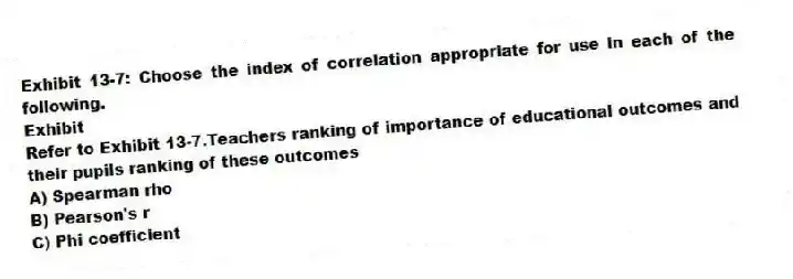 Exhibit 13-7: Choose the index of correlation appropriate for use in each of the following.
Exhibit
-Refer to Exhibit 13-7.Teachers ranking of importance of educational outcomes and their pupils ranking of these outcomes
A) Spearman rho
B) Pearson's r
C) Phi coefficient
