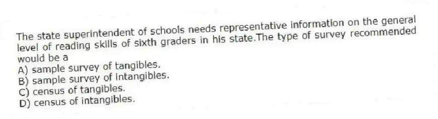 The state superintendent of schools needs representative information on the general level of reading skills of sixth graders in his state.The type of survey recommended would be a
A) sample survey of tangibles.
B) sample survey of intangibles.
C) census of tangibles.
D) census of intangibles.