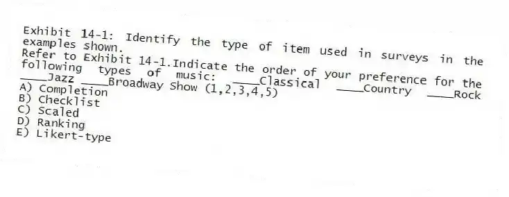 Exhibit 14-1: Identify the type of item used in surveys in the examples shown.
-Refer to Exhibit 14-1.Indicate the order of your preference for the following types of music: ____Classical ____Country ____Rock ____Jazz ____Broadway Show (1,2,3,4,5)
A) Completion
B) Checklist
C) Scaled
D) Ranking
E) Likert-type