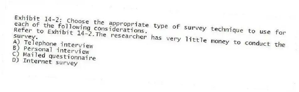 Exhibit 14-2: Choose the appropriate type of survey technique to use for each of the following considerations.
-Refer to Exhibit 14-2.The researcher has very little money to conduct the survey.
A) Telephone interview
B) Personal interview
C) Mailed questionnaire
D) Internet survey