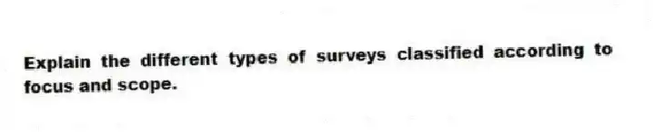 Explain the different types of surveys classified according to focus and scope.