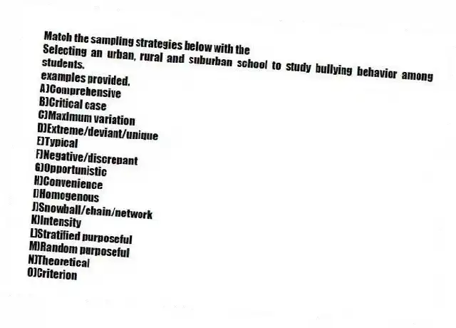 Match the sampling strategies below with the 
-Selecting an urban, rural and suburban school to study bullying behavior among students.
examples provided.
A)Comprehensive 
B)Critical case 
C)Maximum variation 
D)Extreme/deviant/unique 
E)Typical 
F)Negative/discrepant 
G)Opportunistic 
H)Convenience
I)Homogenous
J)Snowball/chain/network
K)Intensity
L)Stratified purposeful
M)Random purposeful
N)Theoretical
O)Criterion