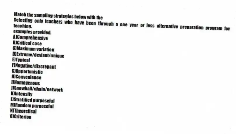 Match the sampling strategies below with the
-Selecting only teachers who have been through a one year or less alternative preparation program for teaching.
examples provided.
A)Comprehensive
B)Critical case
C)Maximum variation
D)Extreme/deviant/unique
E)Typical
F)Negative/discrepant
G)Opportunistic
H)Convenience
I)Homogenous
J)Snowball/chain/network
K)Intensity
L)Stratified purposeful
M)Random purposeful
N)Theoretical
O)Criterion