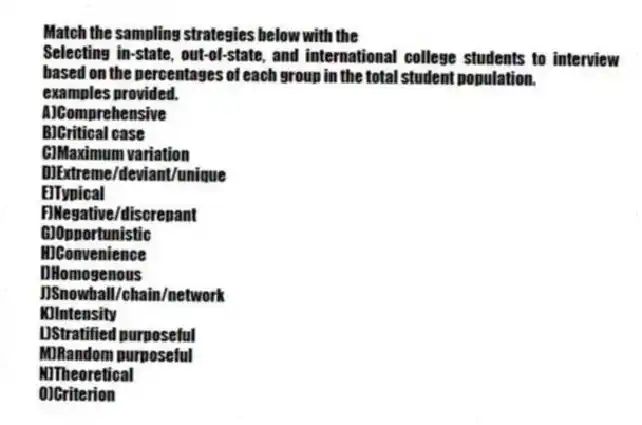 Match the sampling strategies below with the
-Selecting in-state, out-of-state, and international college students to interview based on the percentages of each group in the total student population.
examples provided.
A)Comprehensive
B)Critical case
C)Maximum variation
D)Extreme/deviant/unique
E)Typical
F)Negative/discrepant
G)Opportunistic
H)Convenience
I)Homogenous
J)Snowball/chain/network
K)Intensity
L)Stratified purposeful
M)Random purposeful
N)Theoretical
O)Criterion