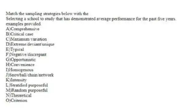 Match the sampling strategies below with the
-Selecting a school to study that has demonstrated average performance for the past five years.
examples provided.
A)Comprehensive
B)Critical case
C)Maximum variation
D)Extreme/deviant/unique
E)Typical
F)Negative/discrepant
G)Opportunistic
H)Convenience
I)Homogenous
J)Snowball/chain/network
K)Intensity
L)Stratified purposeful
M)Random purposeful
N)Theoretical
O)Criterion