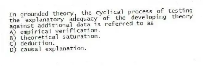 In grounded theory, the cyclical process of testing the explanatory adequacy of the developing theory against additional data is referred to as
A) empirical verification.
B) theoretical saturation.
C) deduction.
D) causal explanation.