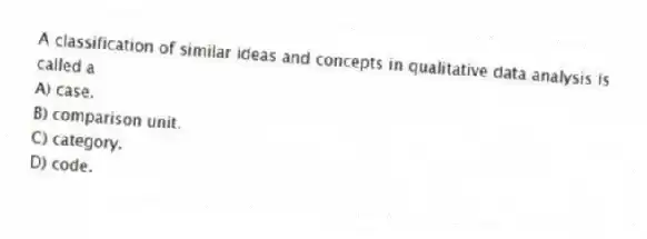 A classification of similar ideas and concepts in qualitative data analysis is called a
A) case.
B) comparison unit.
C) category.
D) code.