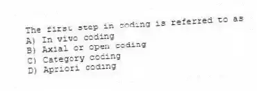 The first step in coding is referred to as
A) In vivo coding
B) Axial or open coding
C) Category coding
D) Apriori coding