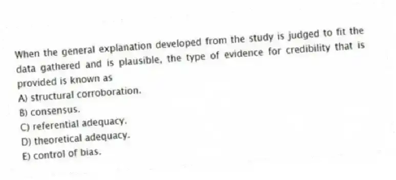 When the general explanation developed from the study is judged to fit the data gathered and is plausible, the type of evidence for credibility that is provided is known as
A) structural corroboration.
B) consensus.
C) referential adequacy.
D) theoretical adequacy.
E) control of bias.