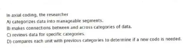In axial coding, the researcher
A) categorizes data into manageable segments.
B) makes connections between and across categories of data.
C) reviews data for specific categories.
D) compares each unit with previous categories to determine if a new code is needed.