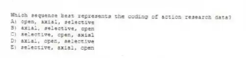 Which sequence best represents the coding of action research data?
A) open, axial, selective
B) axial, selective, open
C) selective, open, axial
D) axial, open, selective
E) selective, axial, open