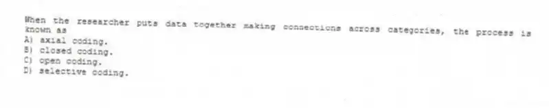 When the researcher puts data together making connections across categories, the process is known as
A) axial coding.
B) closed coding.
C) open coding.
D) selective coding.