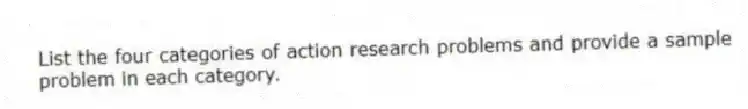 List the four categories of action research problems and provide a sample problem in each category.
