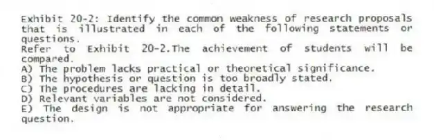 Exhibit 20-2: Identify the common weakness of research proposals that is illustrated in each of the following statements or questions.
-Refer to Exhibit 20-2.The achievement of students will be compared.
A) The problem lacks practical or theoretical significance.
B) The hypothesis or question is too broadly stated.
C) The procedures are lacking in detail.
D) Relevant variables are not considered.
E) The design is not appropriate for answering the research question.