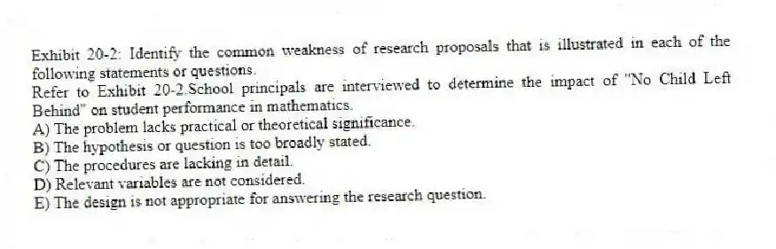 Exhibit 20-2: Identify the common weakness of research proposals that is illustrated in each of the following statements or questions.
-Refer to Exhibit 20-2.School principals are interviewed to determine the impact of "No Child Left Behind" on student performance in mathematics.
A) The problem lacks practical or theoretical significance.
B) The hypothesis or question is too broadly stated.
C) The procedures are lacking in detail.
D) Relevant variables are not considered.
E) The design is not appropriate for answering the research question.