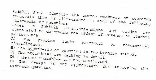Exhibit 20-2: Identify the common weakness of research proposals that is illustrated in each of the following statements or questions.
-Refer to Exhibit 20-2..Attendance and grades are correlated to determine the effect of absence on student performance
A) The problem lacks practical or theoretical significance.
B) The hypothesis or question is too broadly stated.
C) The procedures are lacking in detail.
D) Relevant variables are not considered.
E) The design is not appropriate for answering the research question.