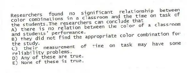 Researchers found no significant relationship between color combinations in a classroom and the time on task of the students.The researchers can conclude that
A) there is no relation between the color of a classroom and students' performance.
B) they did not find the appropriate color combination for the study.
C) their measurement of time on task may have some reliability problems.
D) Any of these are true.
E) None of these is true.