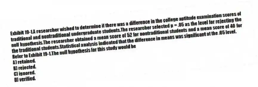 Exhibit 19-1.A researcher wished to determine if there was a difference in the college aptitude examination scores of traditional and nontraditional undergraduate students.The researcher selected p = .05 as the level for rejecting the null hypothesis.The researcher obtained a mean score of 52 for nontraditional students and a mean score of 40 for the traditional students.Statistical analysis indicated that the difference in means was significant at the .05 level.
-Refer to Exhibit 19-1.The null hypothesis for this study would be
A) retained.
B) rejected.
C) ignored.
D) verified.