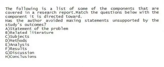 The following is a list of some of the components that are covered in a research report.Match the questions below with the component it is directed toward.
-Has the author avoided making statements unsupported by the study's outcomes?
A)Statement of the problem
B)Related literature
C)Subjects
D)Methods
E)Analysis
F)Results
G)Discussion
H)Conclusions
