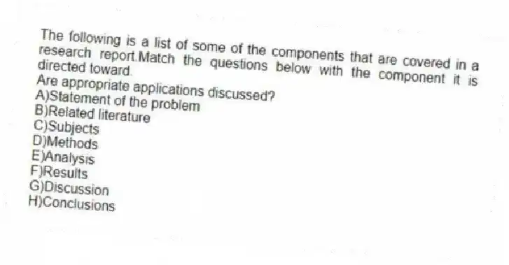 The following is a list of some of the components that are covered in a research report.Match the questions below with the component it is directed toward.
-Are appropriate applications discussed?
A)Statement of the problem
B)Related literature
C)Subjects
D)Methods
E)Analysis
F)Results
G)Discussion
H)Conclusions