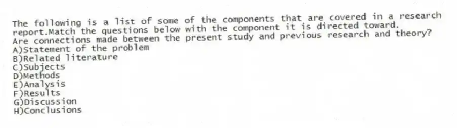 The following is a list of some of the components that are covered in a research report.Match the questions below with the component it is directed toward.
-Are connections made between the present study and previous research and theory?
A)Statement of the problem
B)Related literature
C)Subjects
D)Methods
E)Analysis
F)Results
G)Discussion
H)Conclusions
