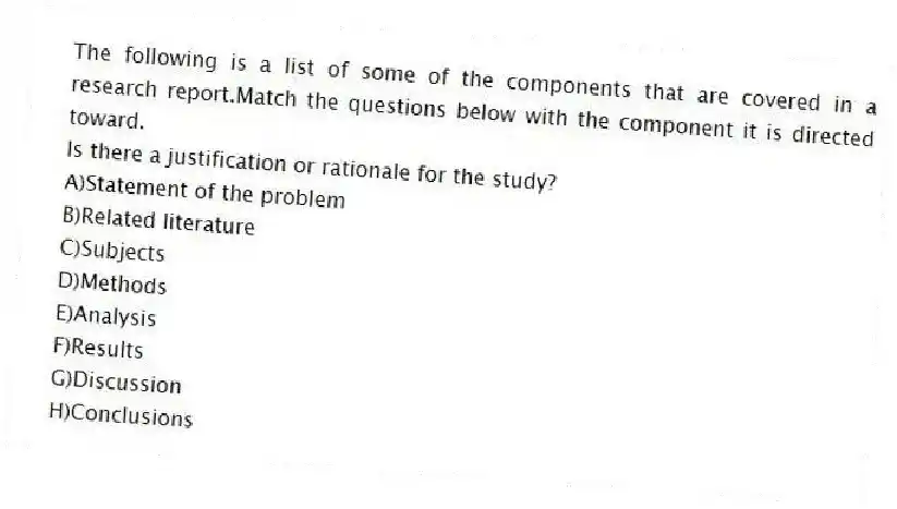The following is a list of some of the components that are covered in a research report.Match the questions below with the component it is directed toward.
-Is there a justification or rationale for the study?
A)Statement of the problem
B)Related literature
C)Subjects
D)Methods
E)Analysis
F)Results
G)Discussion
H)Conclusions