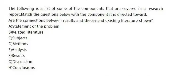 The following is a list of some of the components that are covered in a research report.Match the questions below with the component it is directed toward.
-Are the connections between results and theory and existing literature shown?
A)Statement of the problem
B)Related literature
C)Subjects
D)Methods
E)Analysis
F)Results
G)Discussion
H)Conclusions