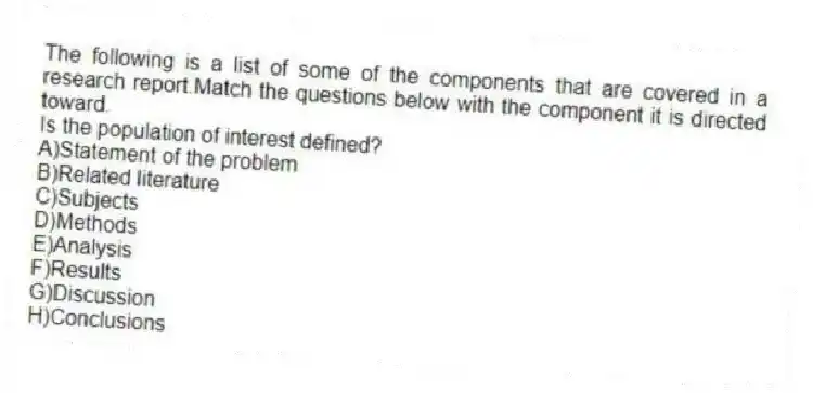 The following is a list of some of the components that are covered in a research report.Match the questions below with the component it is directed toward.
-Is the population of interest defined?
A)Statement of the problem
B)Related literature
C)Subjects
D)Methods
E)Analysis
F)Results
G)Discussion
H)Conclusions