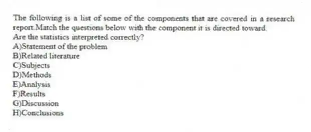 The following is a list of some of the components that are covered in a research report.Match the questions below with the component it is directed toward.
-Are the statistics interpreted correctly?
A)Statement of the problem
B)Related literature
C)Subjects
D)Methods
E)Analysis
F)Results
G)Discussion
H)Conclusions
