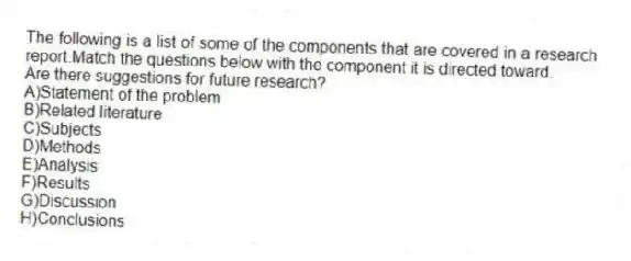 The following is a list of some of the components that are covered in a research report.Match the questions below with the component it is directed toward.
-Are there suggestions for future research?
A)Statement of the problem
B)Related literature
C)Subjects
D)Methods
E)Analysis
F)Results
G)Discussion
H)Conclusions