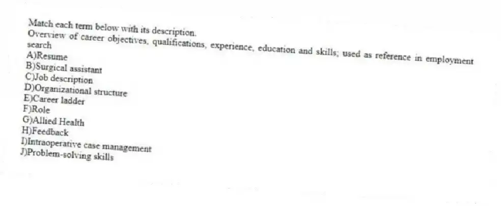 Match each term below with its description.
-Overview of career objectives, qualifications, experience, education and skills; used as reference in employment search
A)Resume
B)Surgical assistant
C)Job description
D)Organizational structure
E)Career ladder
F)Role
G)Allied Health
H)Feedback
I)Intraoperative case management
J)Problem-solving skills
