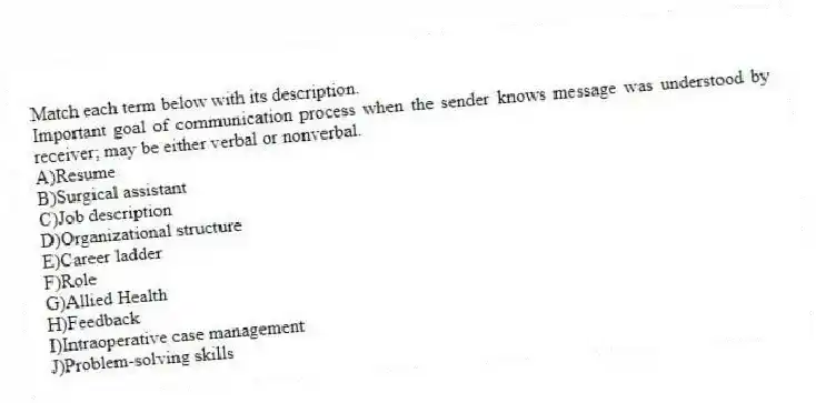 Match each term below with its description.
-Important goal of communication process when the sender knows message was understood by receiver; may be either verbal or nonverbal.
A)Resume
B)Surgical assistant
C)Job description
D)Organizational structure
E)Career ladder
F)Role
G)Allied Health
H)Feedback
I)Intraoperative case management
J)Problem-solving skills