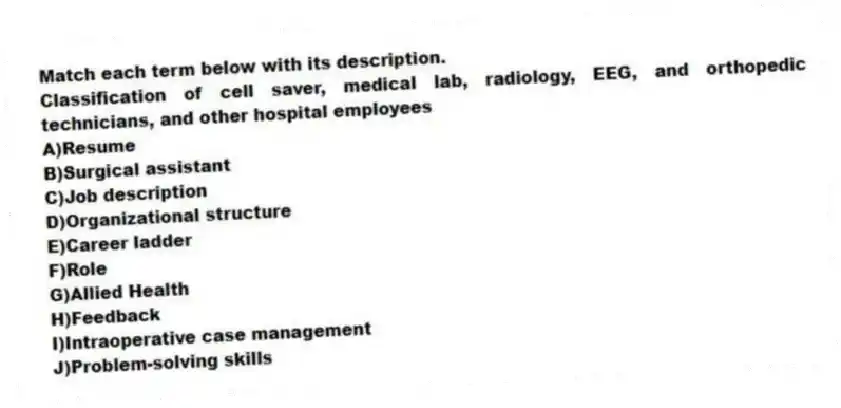 Match each term below with its description.
-Classification of cell saver, medical lab, radiology, EEG, and orthopedic technicians, and other hospital employees
A)Resume
B)Surgical assistant
C)Job description
D)Organizational structure
E)Career ladder
F)Role
G)Allied Health
H)Feedback
I)Intraoperative case management
J)Problem-solving skills