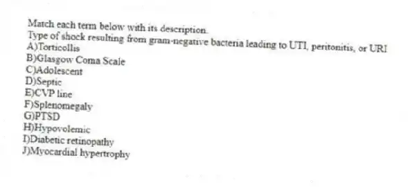 Match each term below with its description.
-Type of shock resulting from gram-negative bacteria leading to UTI, peritonitis, or URI
A)Torticollis
B)Glasgow Coma Scale
C)Adolescent
D)Septic
E)CVP line
F)Splenomegaly
G)PTSD
H)Hypovolemic
I)Diabetic retinopathy
J)Myocardial hypertrophy