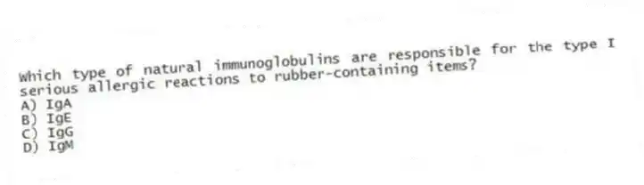 Which type of natural immunoglobulins are responsible for the type I serious allergic reactions to rubber-containing items?
A) IgA
B) IgE
C) IgG
D) IgM