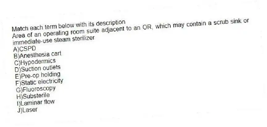 Match each term below with its description
-Area of an operating room suite adjacent to an OR, which may contain a scrub sink or immediate-use steam sterilizer
A)CSPD
B)Anesthesia cart
C)Hypodermics
D)Suction outlets
E)Pre-op holding
F)Static electricity
G)Fluoroscopy
H)Substerile
I)Laminar flow
J)Laser