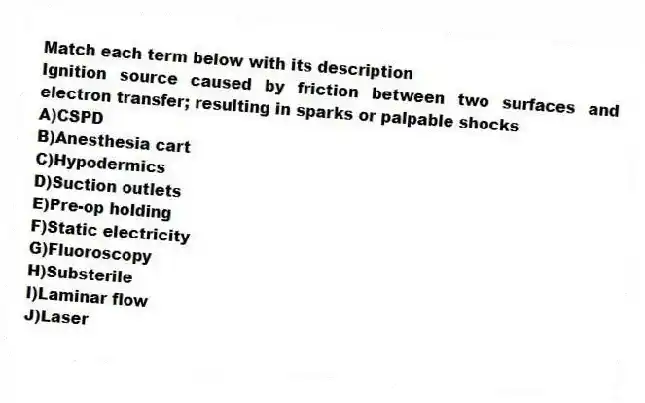 Match each term below with its description
-Ignition source caused by friction between two surfaces and electron transfer; resulting in sparks or palpable shocks
A)CSPD
B)Anesthesia cart
C)Hypodermics
D)Suction outlets
E)Pre-op holding
F)Static electricity
G)Fluoroscopy
H)Substerile
I)Laminar flow
J)Laser