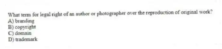 What term for legal right of an author or photographer over the reproduction of original work?
A) branding
B) copyright
C) domain
D) trademark