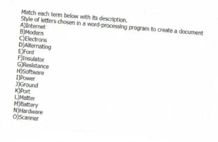Match each term below with its description.
-Style of letters chosen in a word-processing program to create a document
A)Internet
B)Modern
C)Electrons
D)Alternating
E)Font
F)Insulator
G)Resistance
H)Software
I)Power
J)Ground
K)Port
L)Matter
M)Battery
N)Hardware
O)Scanner