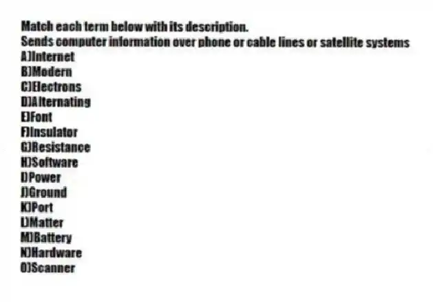 Match each term below with its description.
-Sends computer information over phone or cable lines or satellite systems
A)Internet
B)Modern
C)Electrons
D)Alternating
E)Font
F)Insulator
G)Resistance
H)Software
I)Power
J)Ground
K)Port
L)Matter
M)Battery
N)Hardware
O)Scanner