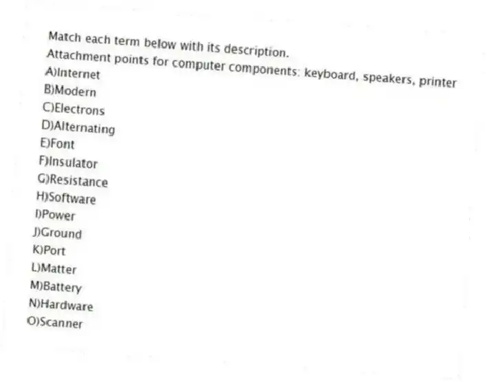 Match each term below with its description.
-Attachment points for computer components: keyboard, speakers, printer
A)Internet
B)Modern
C)Electrons
D)Alternating
E)Font
F)Insulator
G)Resistance
H)Software
I)Power
J)Ground
K)Port
L)Matter
M)Battery
N)Hardware
O)Scanner