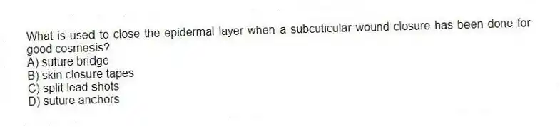 What is used to close the epidermal layer when a subcuticular wound closure has been done for good cosmesis?
A) suture bridge
B) skin closure tapes
C) split lead shots
D) suture anchors