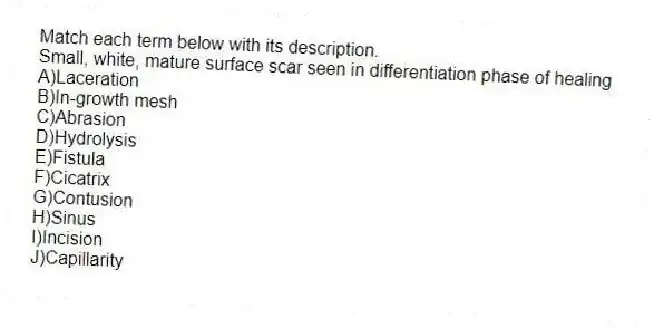 Match each term below with its description.
-Small, white, mature surface scar seen in differentiation phase of healing
A)Laceration
B)In-growth mesh
C)Abrasion
D)Hydrolysis
E)Fistula
F)Cicatrix
G)Contusion
H)Sinus
I)Incision
J)Capillarity