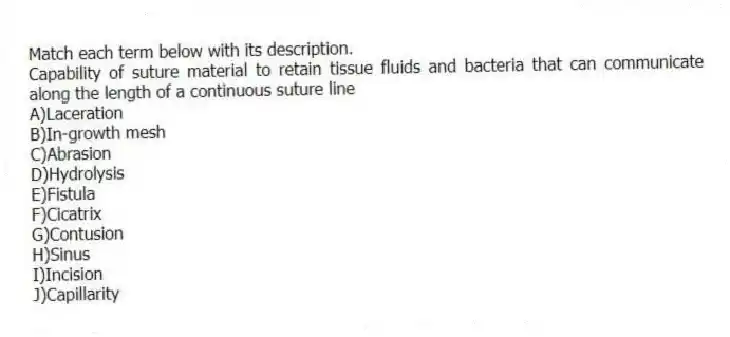 Match each term below with its description.
-Capability of suture material to retain tissue fluids and bacteria that can communicate along the length of a continuous suture line
A)Laceration
B)In-growth mesh
C)Abrasion
D)Hydrolysis
E)Fistula
F)Cicatrix
G)Contusion
H)Sinus
I)Incision
J)Capillarity