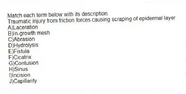 Match each term below with its description.
-Traumatic injury from friction forces causing scraping of epidermal layer
A)Laceration
B)In-growth mesh
C)Abrasion
D)Hydrolysis
E)Fistula
F)Cicatrix
G)Contusion
H)Sinus
I)Incision
J)Capillarity